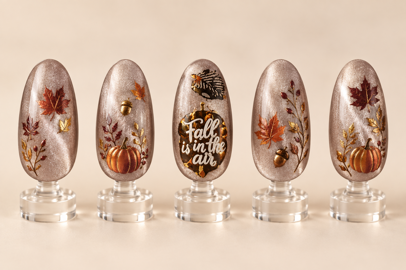Champagne cat eye fall nail art with a hedgehog pumpkins leaves acorns and woodland foliage displayed upright on clear stands