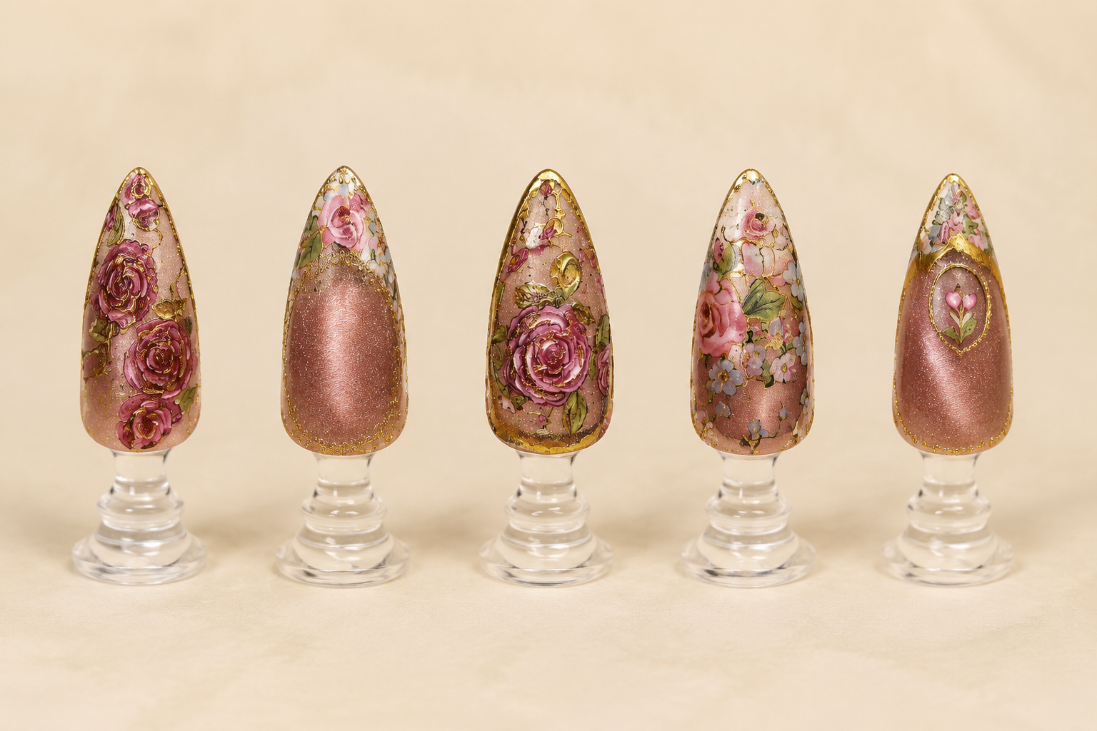 Pink gold floral stained glass and cat eye nail art displayed upright on clear stands